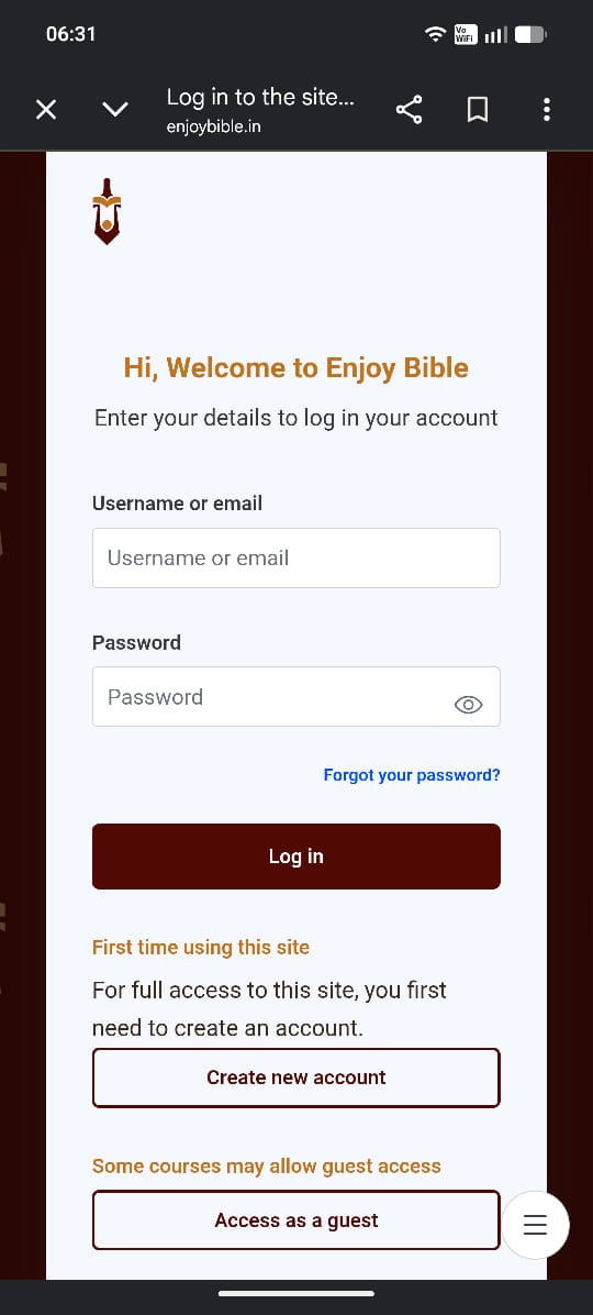 EnjoyBible login page showing Log in, Create new account and Guest access
