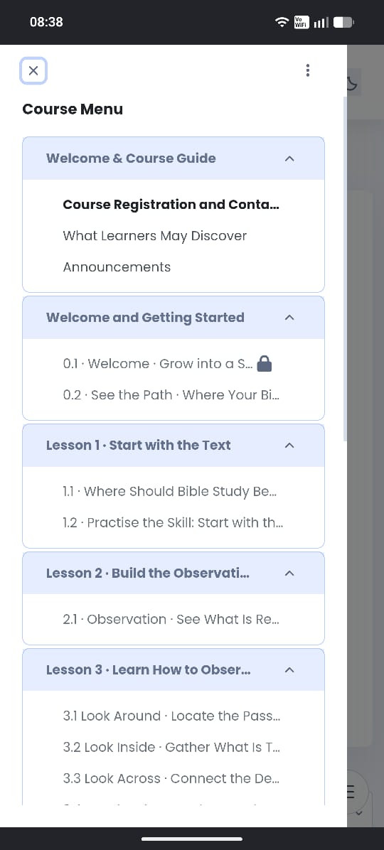 EnjoyBible Course Menu showing sections, lessons and locked activities